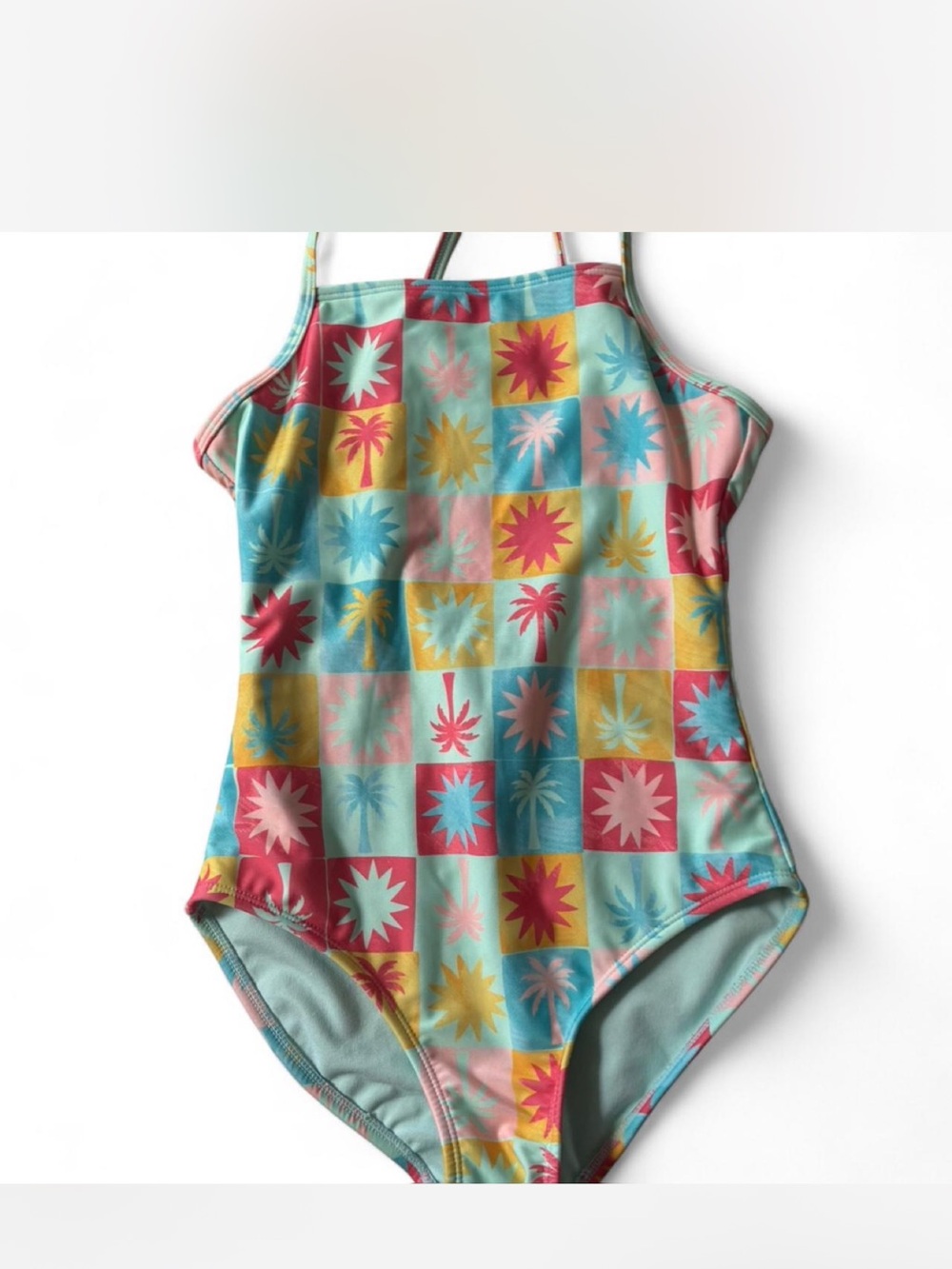 Cat & Jack Girls Pink Teal Yellow Coral Palm-Print One Piece NWOT size 10/12